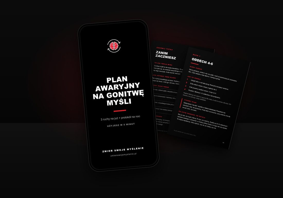 Plan awaryjny na gonitwę myśli: okładka na telefonie i dwie strony z ruchami